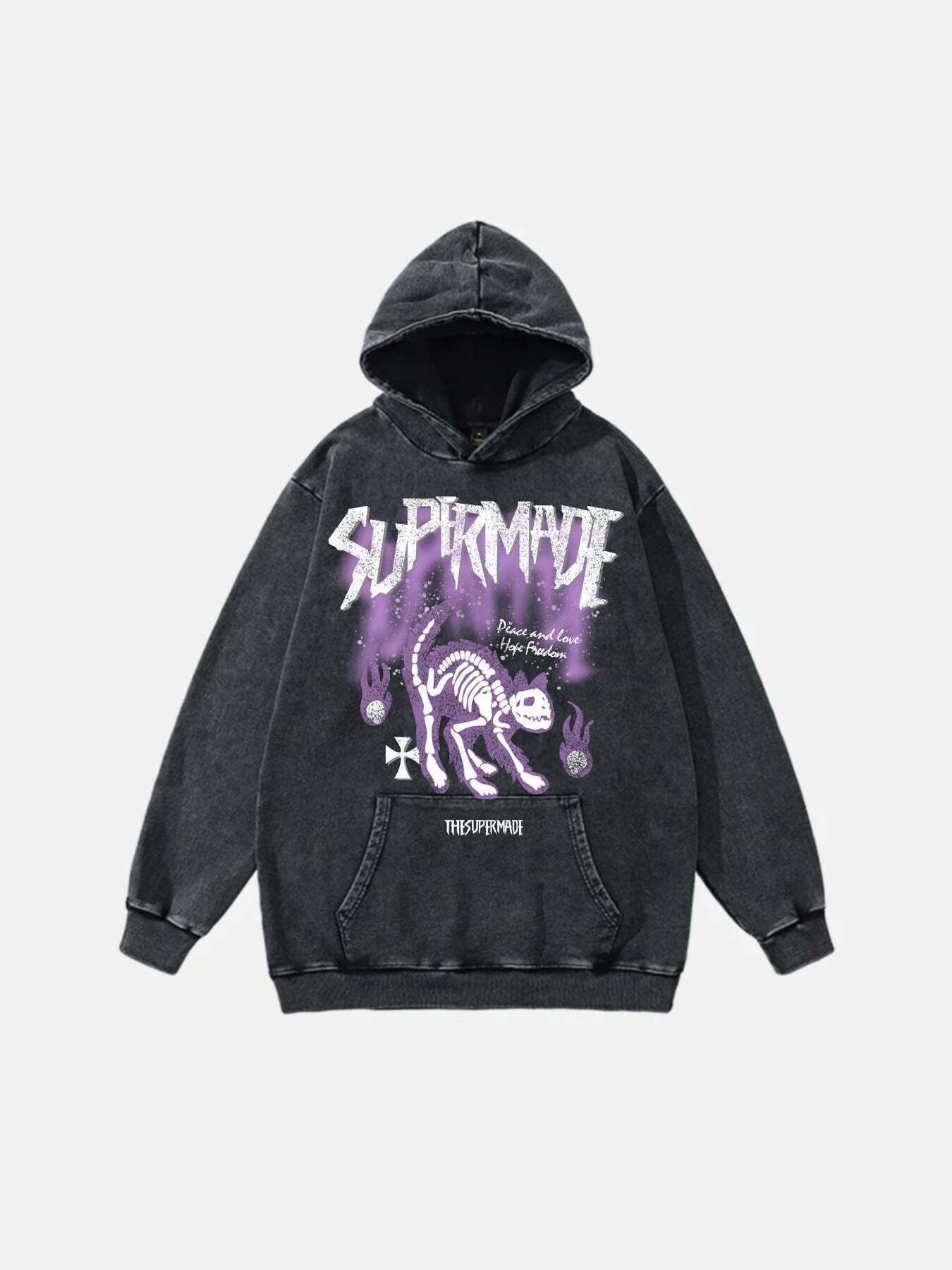 Vintage Skull Cat Hoodie | Retro Washed Streetwear for Gen Z