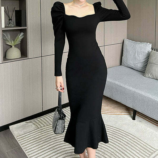 Vintage Square Neck Long Sleeve Dress - Trendy Gen Z K-POP Streetwear