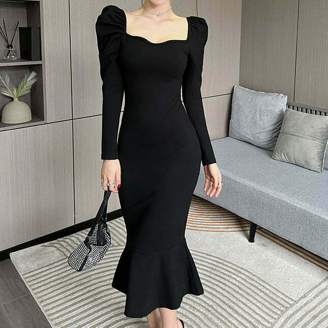 Vintage Square Neck Long Sleeve Dress - Trendy Gen Z K-POP Streetwear