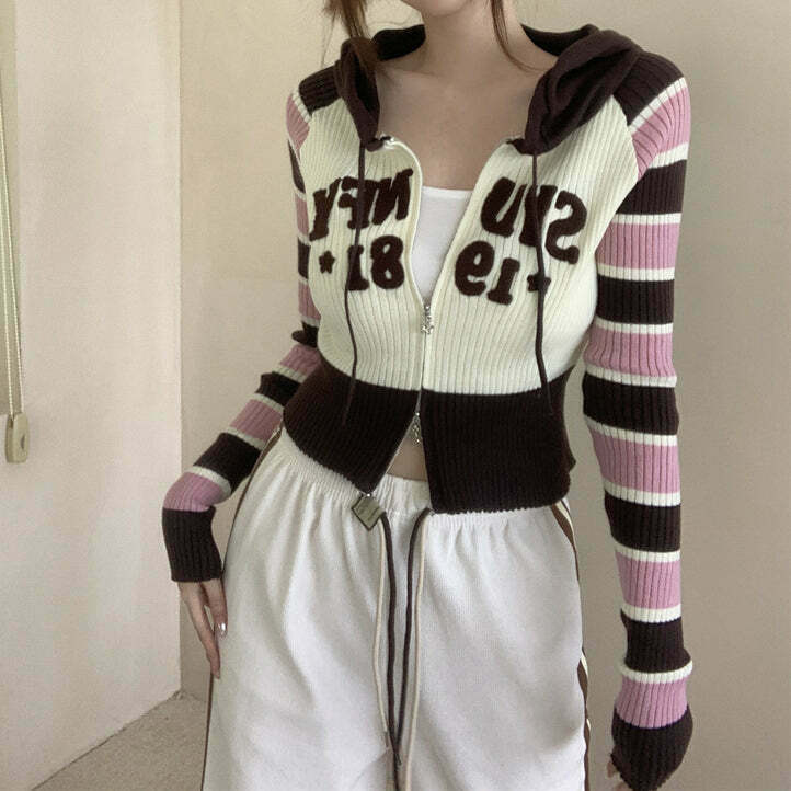 Vintage Striped Zip-Up Hooded Cardigan - Trendy Gen Z K-POP Streetwear