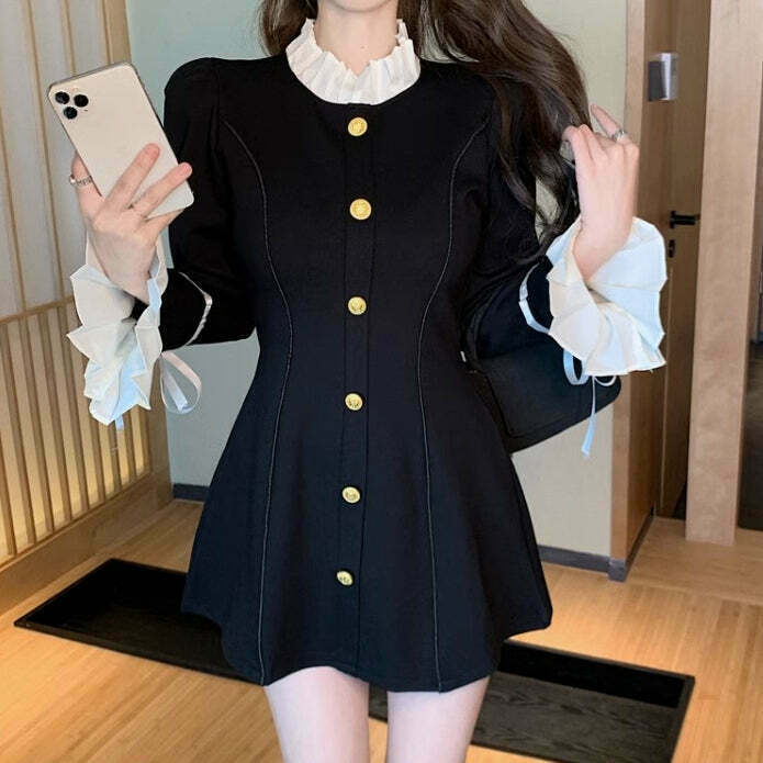 Vintage Trumpet Sleeve Dress with Ruffle Collar | Gen Z Fashion, K-POP, Streetwear, Y2K