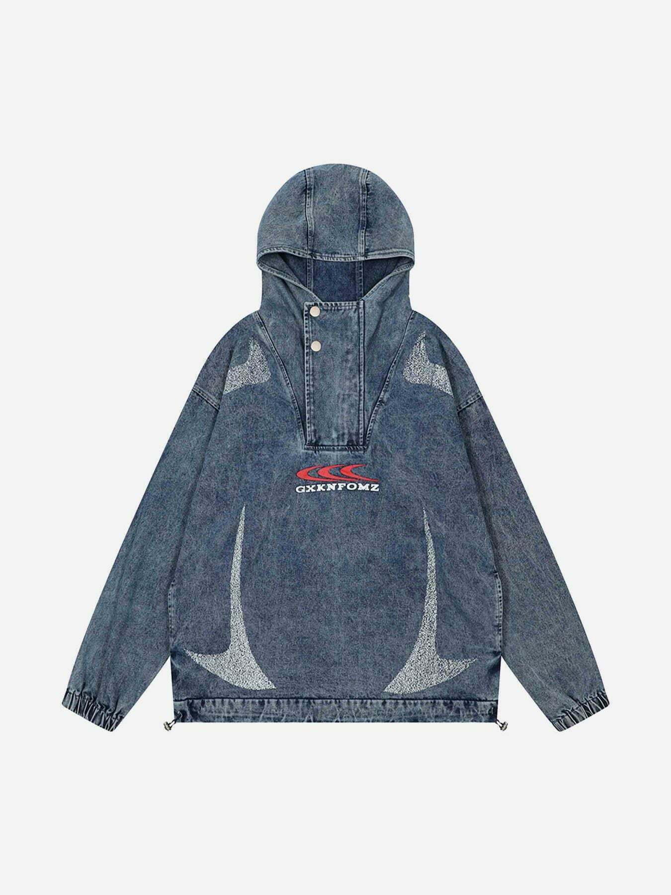 Vintage Wash Denim Jacket with High Neck Hood - Gen Z Streetwear