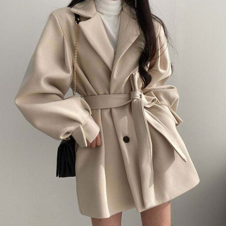 Warm Woolen Coat with Lantern Sleeves for Gen Z Fashion: Y2K Streetwear Style