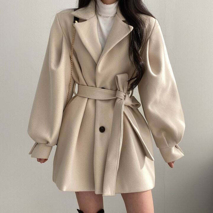 Warm Woolen Coat with Lantern Sleeves for Gen Z Fashion: Y2K Streetwear Style