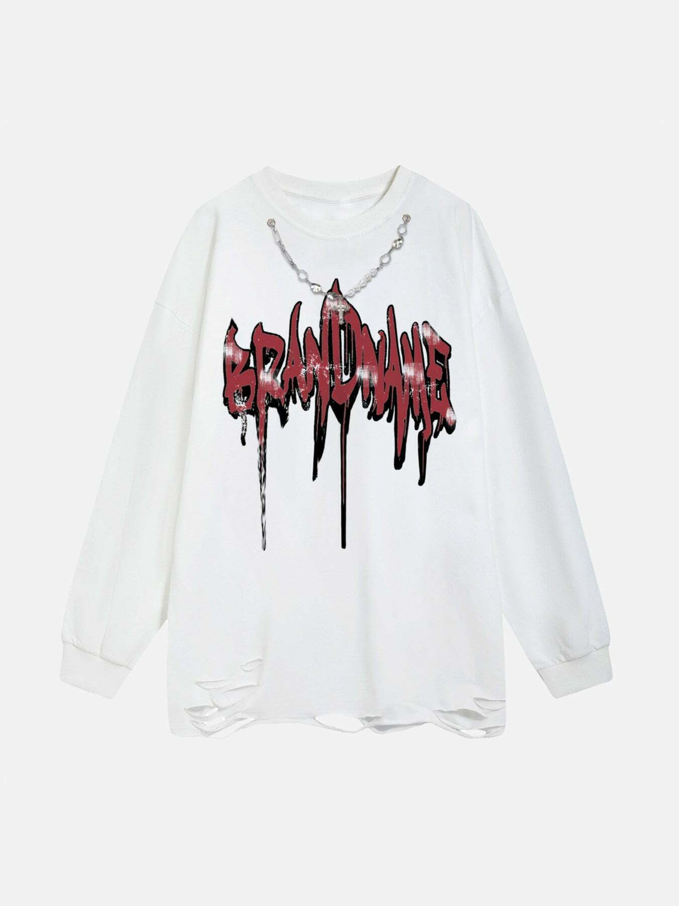 Washed & Aged Long Sleeve Tee with Necklace Detail - Gen Z Streetwear