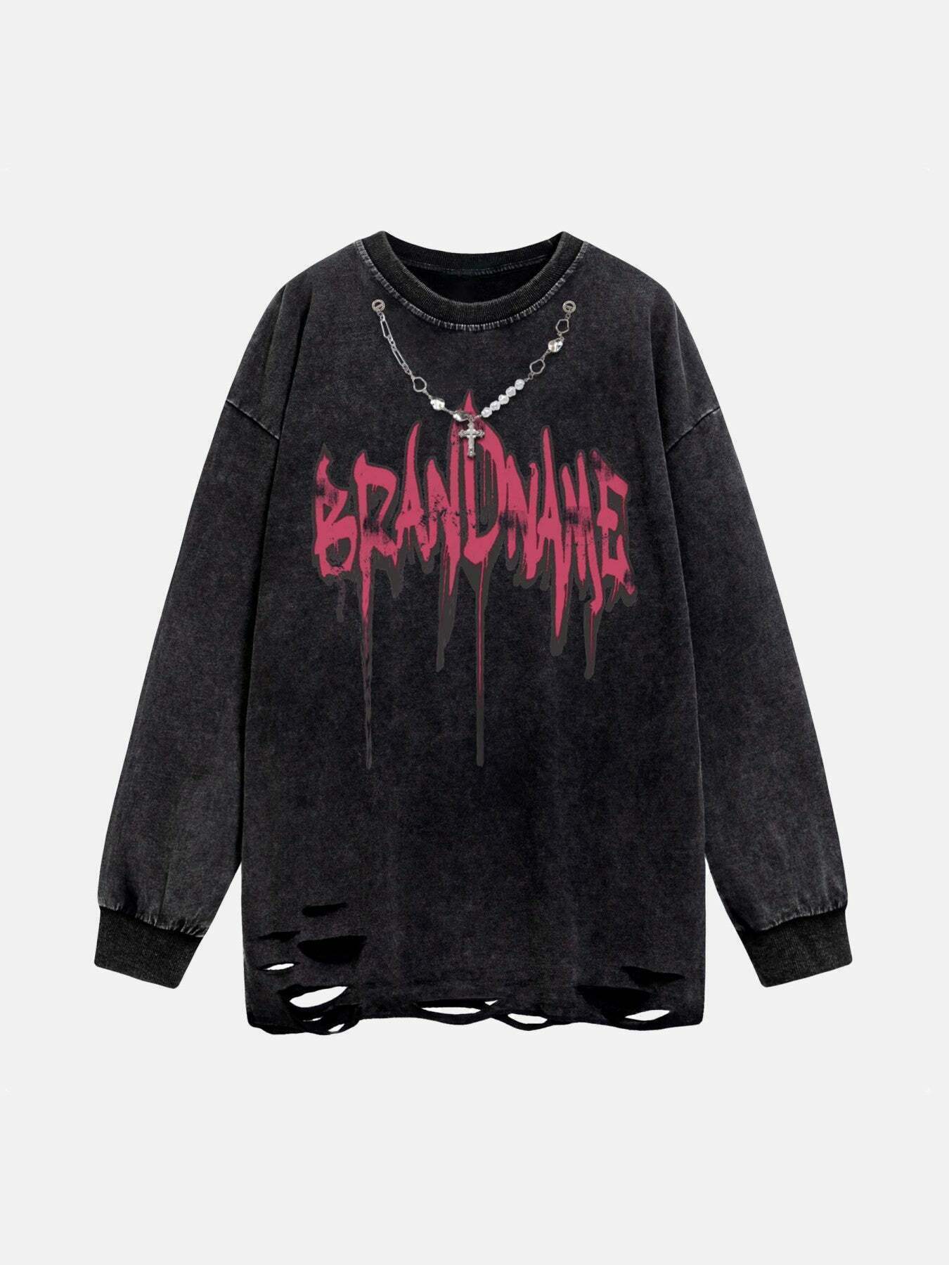 Washed & Aged Long Sleeve Tee with Necklace Detail - Gen Z Streetwear