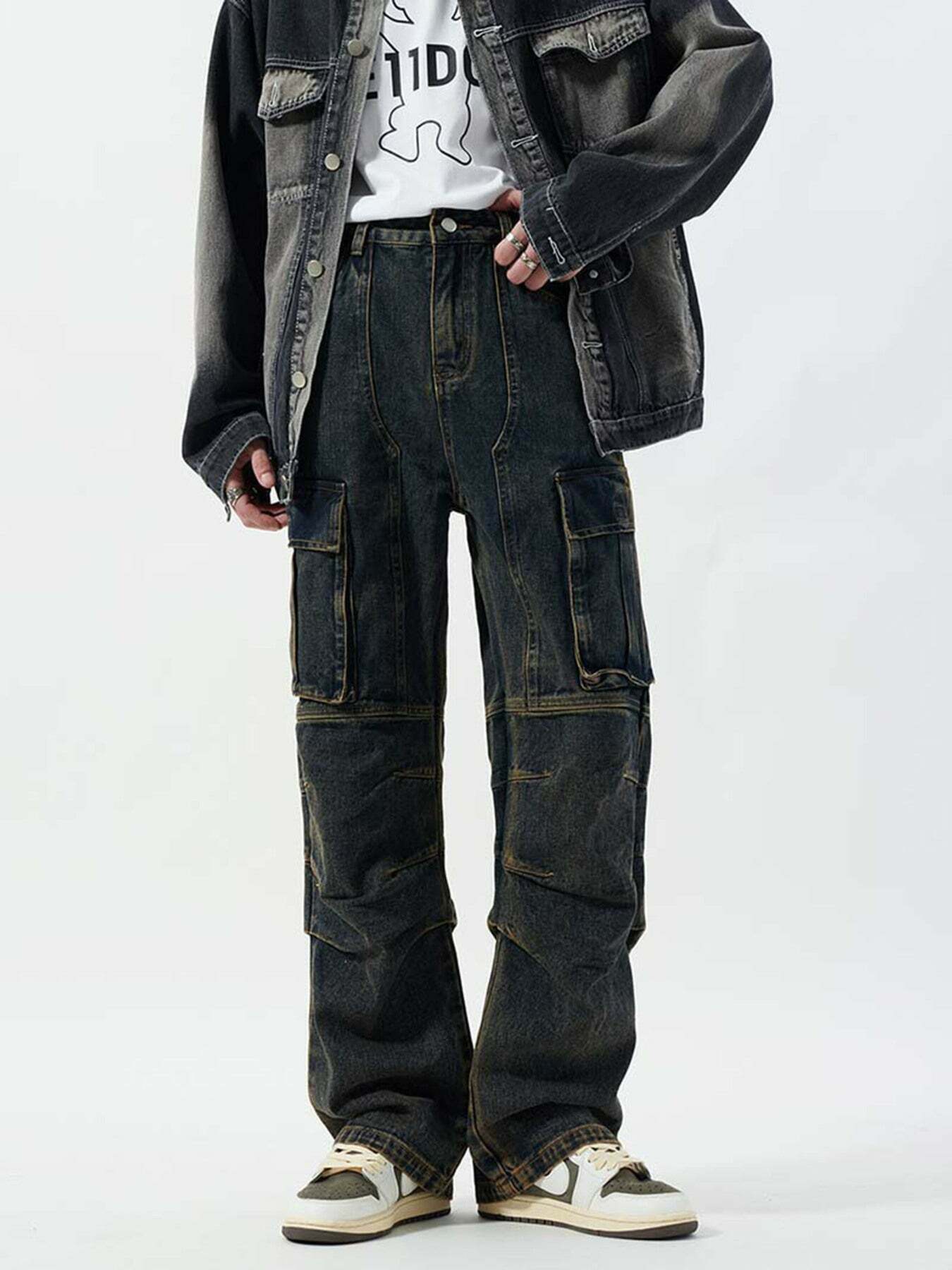 Washed Distressed Multi-pocket Jeans: Gen Z K-POP Streetwear Y2K