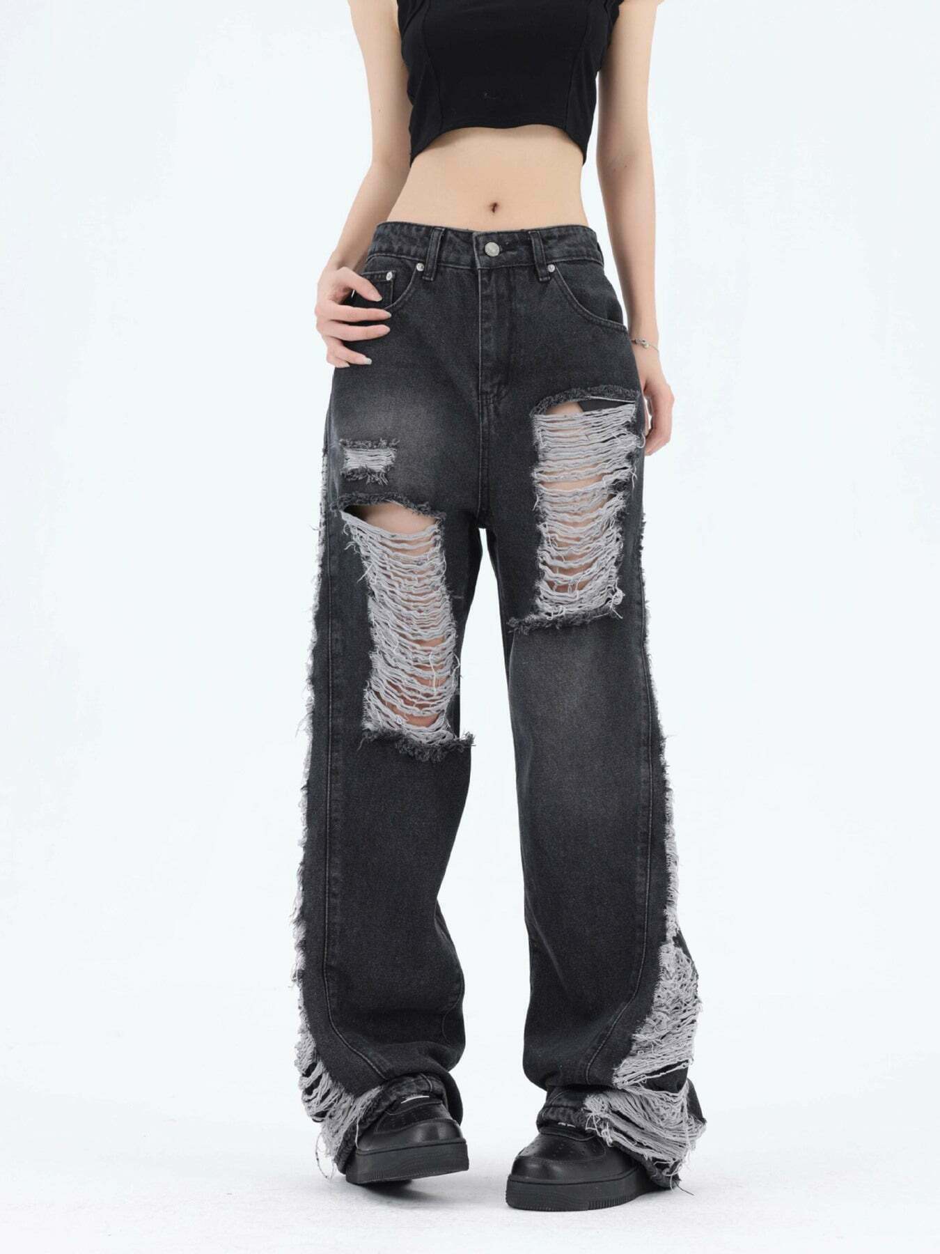 Washed Distressed Ripped Jeans: Gen Z K-POP Streetwear Y2K Style