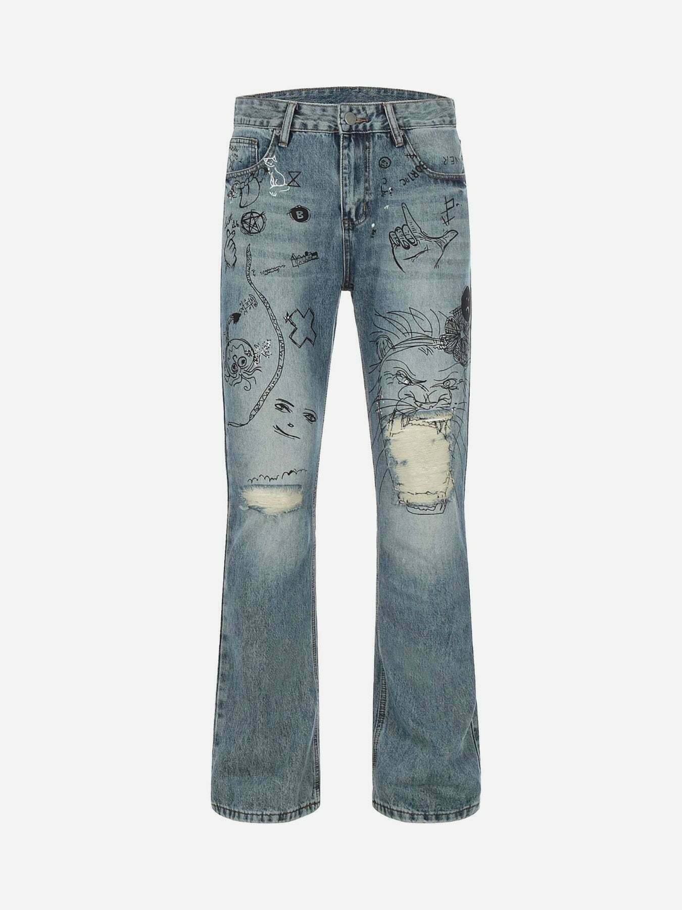 Washed Graffiti Distressed Jeans: Gen Z K-POP Streetwear Y2K Fashion