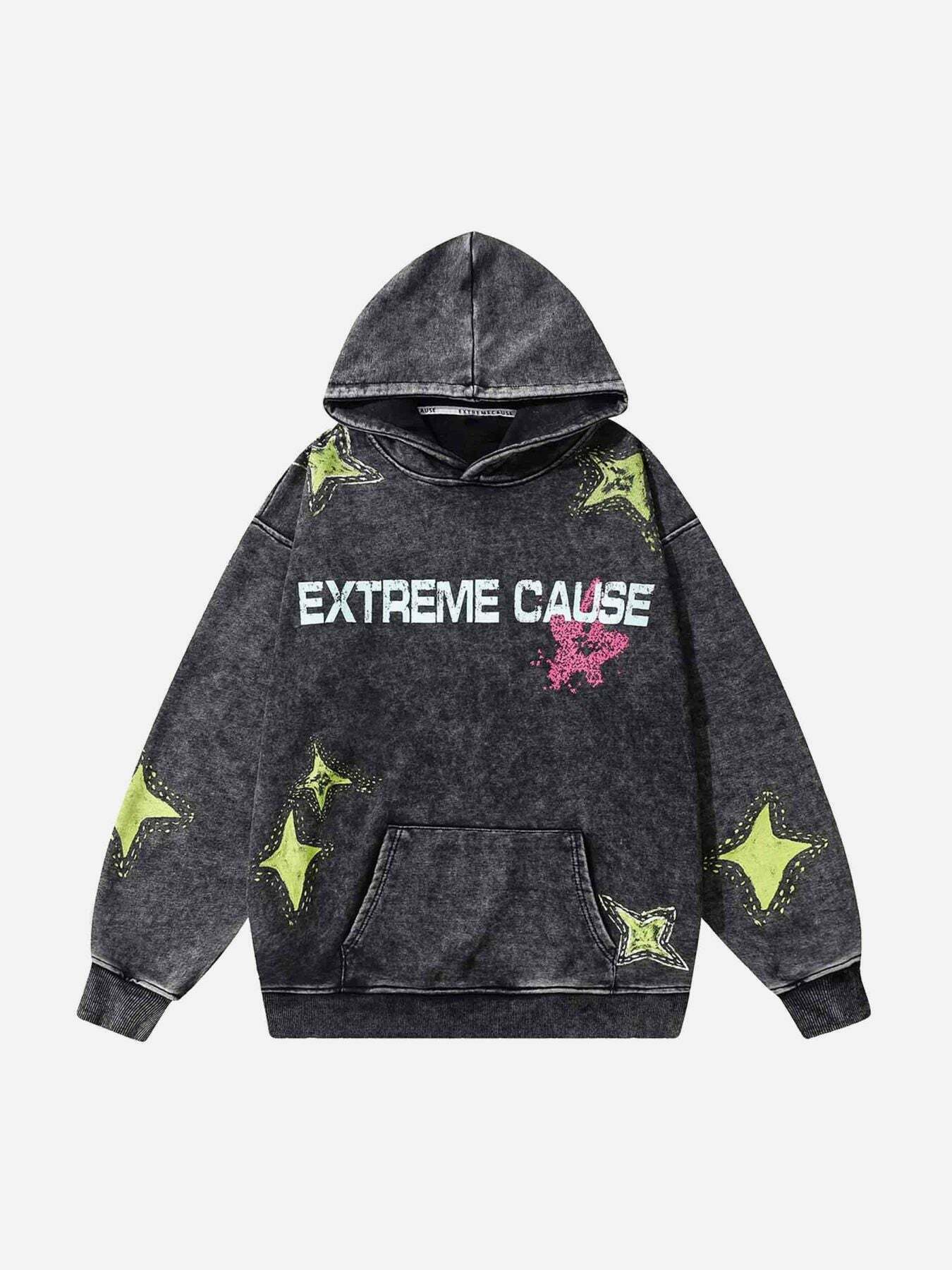 Washed Star Letter Print Hoodie: Gen Z K-POP Streetwear for Y2K Style