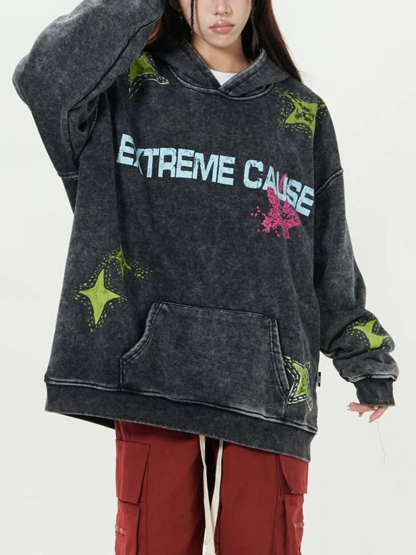 Washed Star Letter Print Hoodie: Gen Z K-POP Streetwear for Y2K Style