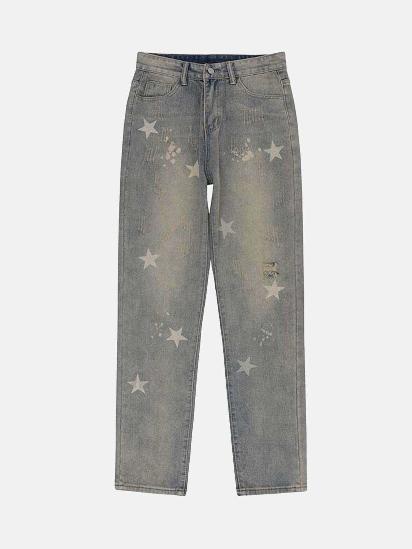 Washed Star Print Jeans: Gen Z K-POP Streetwear for Y2K Style