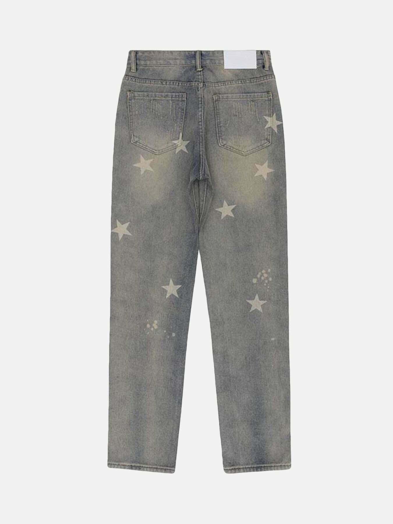 Washed Star Print Jeans: Gen Z K-POP Streetwear for Y2K Style