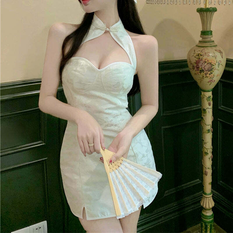 White Jacquard Chinese Style Halter Neck Qipao Dress for Gen Z Streetwear