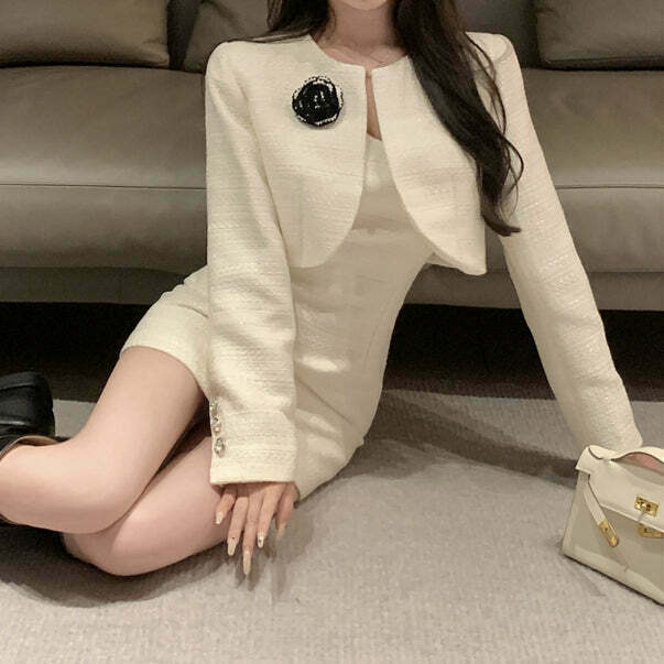 White Tweed Set: Long Sleeve Coat & Cami Dress for Gen Z Fashion, K-POP & Y2K Streetwear