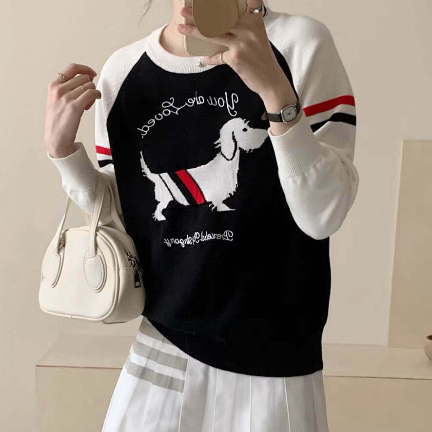 Wool Knit Puppy Embroidered Raglan Sweater - Gen Z K-POP Streetwear Y2K