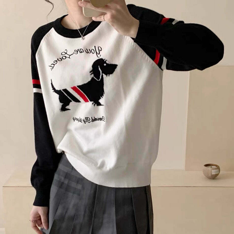 Wool Knit Puppy Embroidered Raglan Sweater - Gen Z K-POP Streetwear Y2K