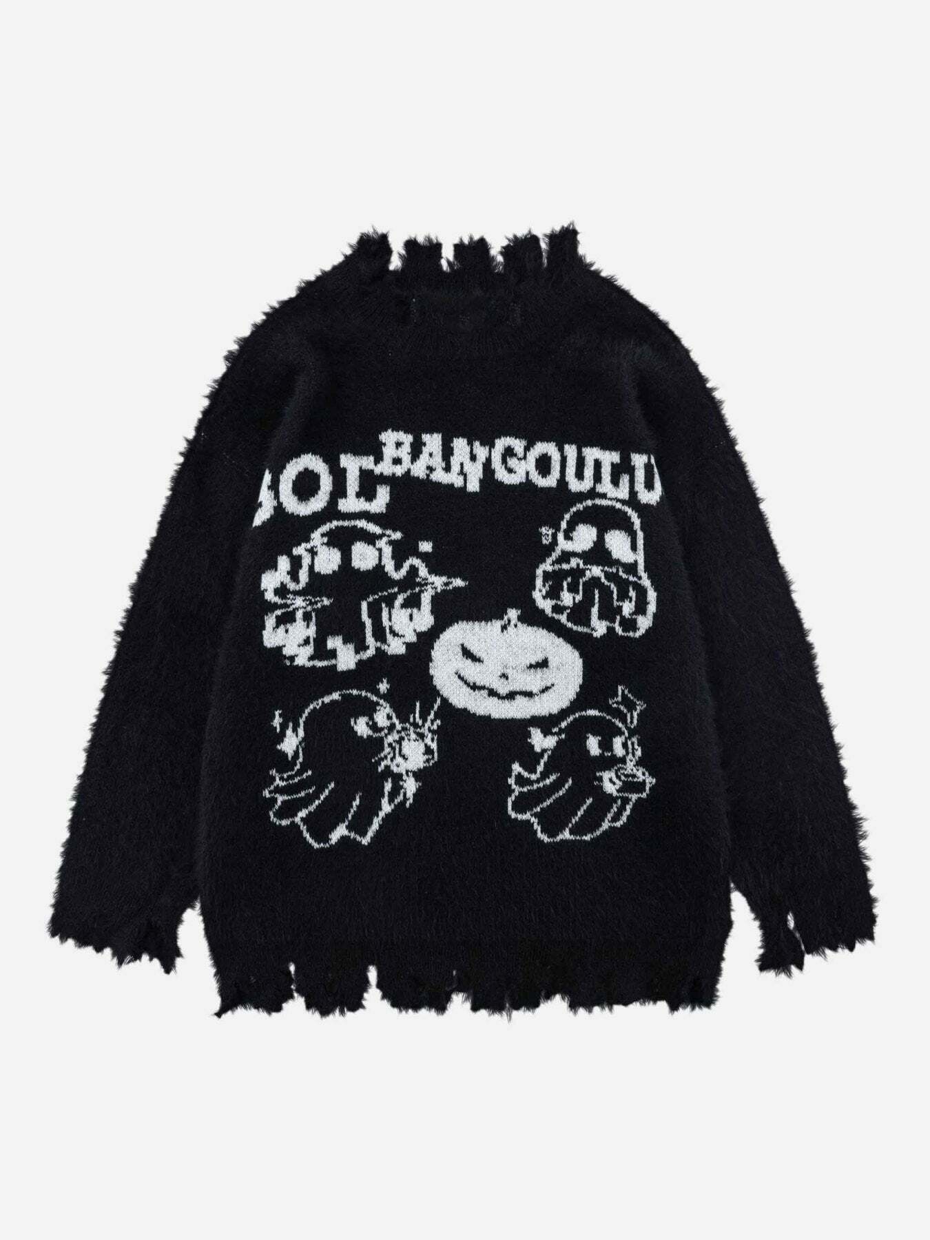 Y2K Fuzzy Crew Neck Knit Sweater for Gen Z Streetwear Style