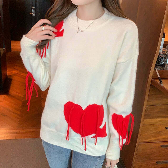 Y2K Heart Tassel Knit Sweater for Gen Z Fashionistas