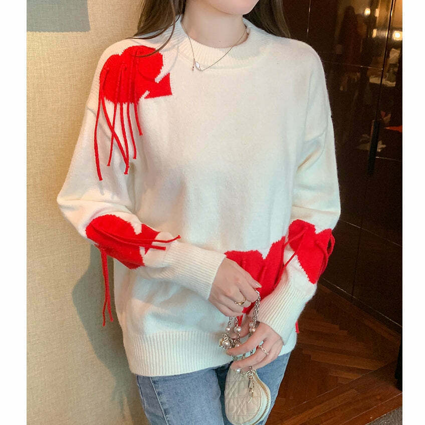 Y2K Heart Tassel Knit Sweater for Gen Z Fashionistas