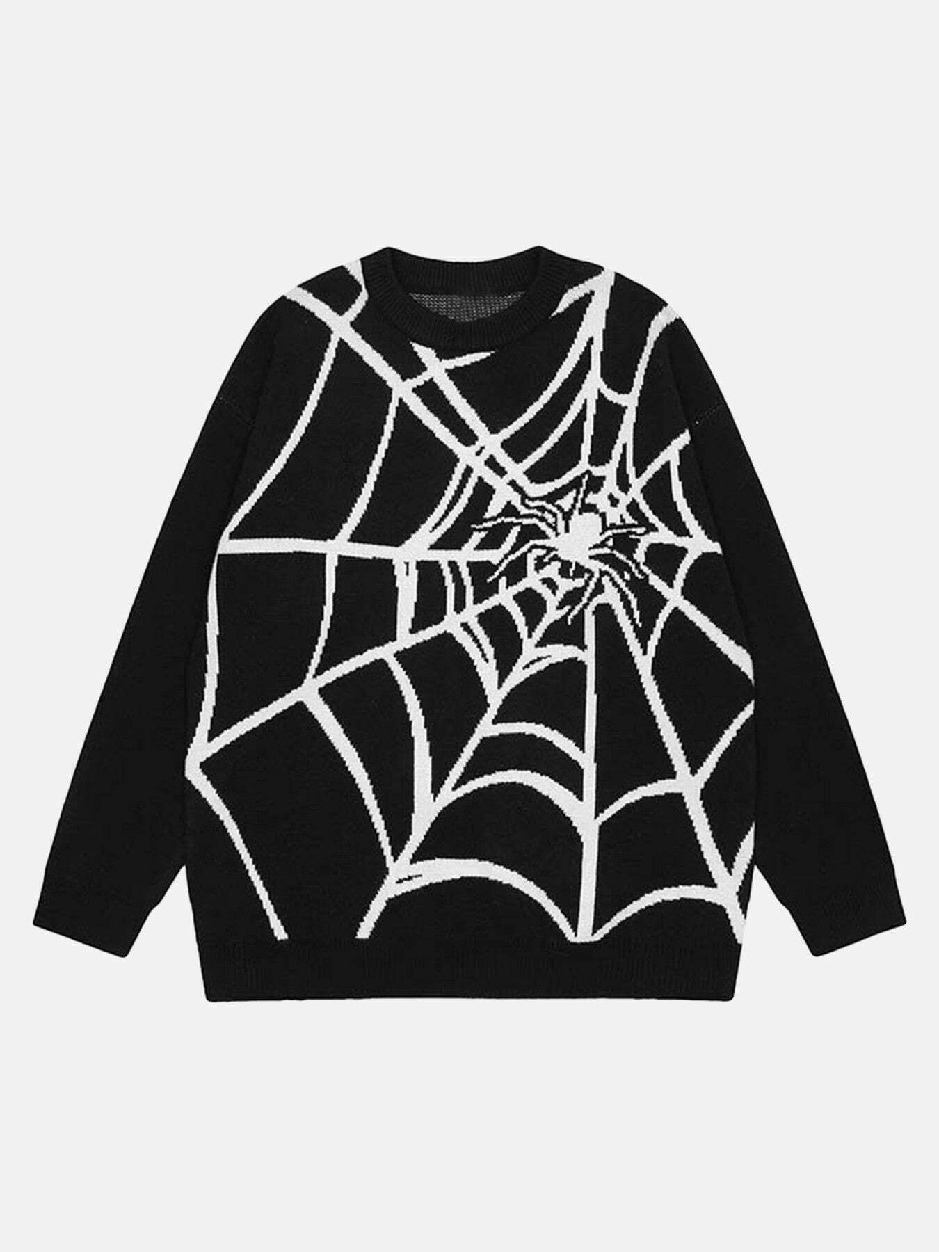 Y2K Spider Web Print Crewneck Sweater for Gen Z Streetwear Fashion