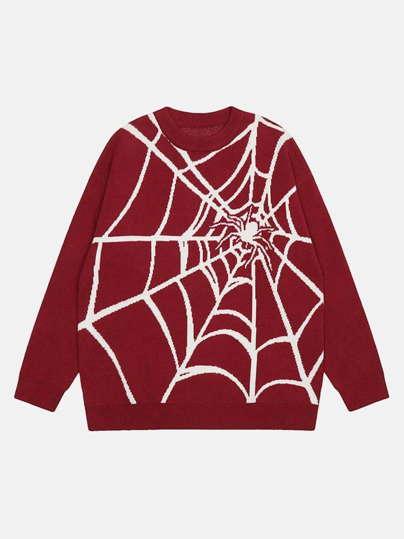 Y2K Spider Web Print Crewneck Sweater for Gen Z Streetwear Fashion