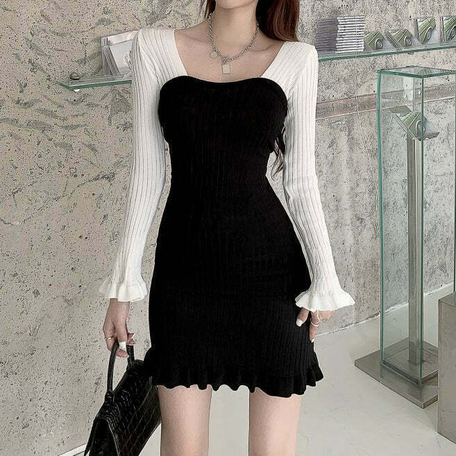 Y2K Style Bodycon Knitted Winter Dress with Unique Wood Ears