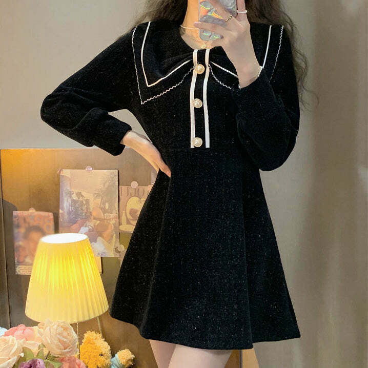 Y2K Style Bow Neck Long Sleeve Dress for Gen Z Fashionistas