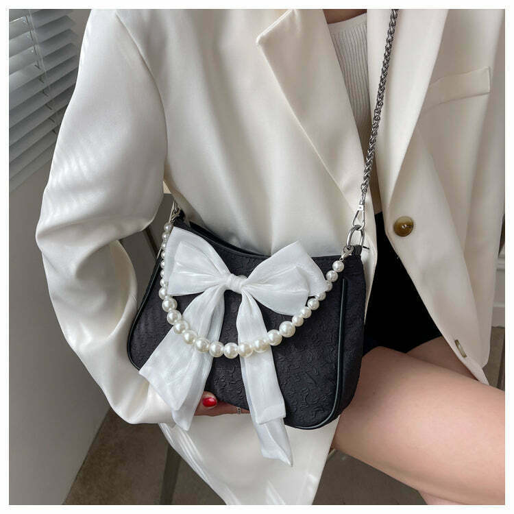 Y2K Style Bow Pearl Chain Shoulder Bag for Gen Z Fashionistas