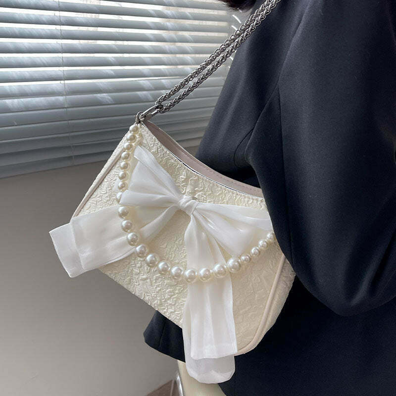 Y2K Style Bow Pearl Chain Shoulder Bag for Gen Z Fashionistas