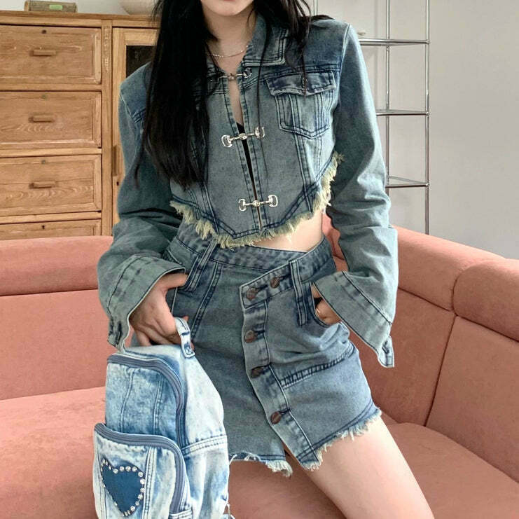 Y2K Style Denim Top & Skirt Set for Gen Z Fashionistas