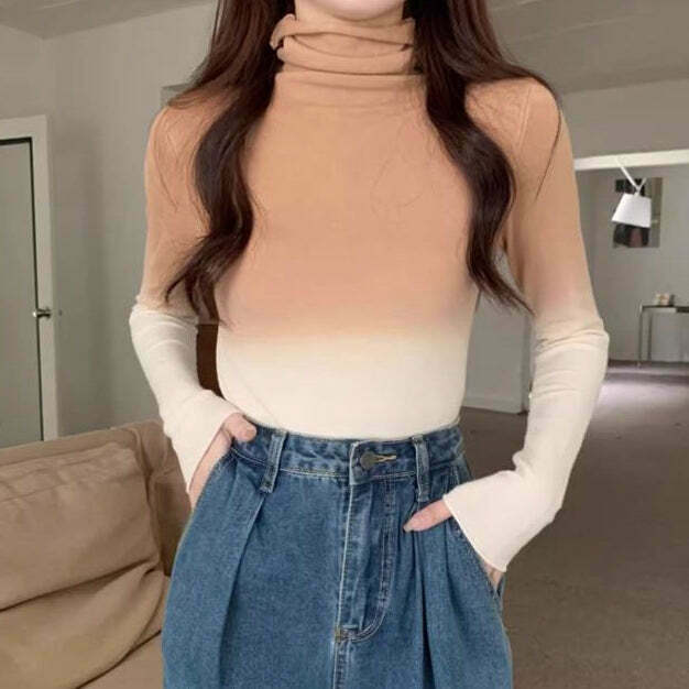 Y2K Style Gradient Turtleneck Knit Top for Gen Z Streetwear Fashion