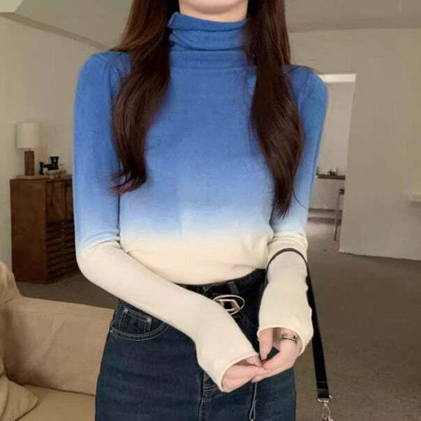 Y2K Style Gradient Turtleneck Knit Top for Gen Z Streetwear Fashion