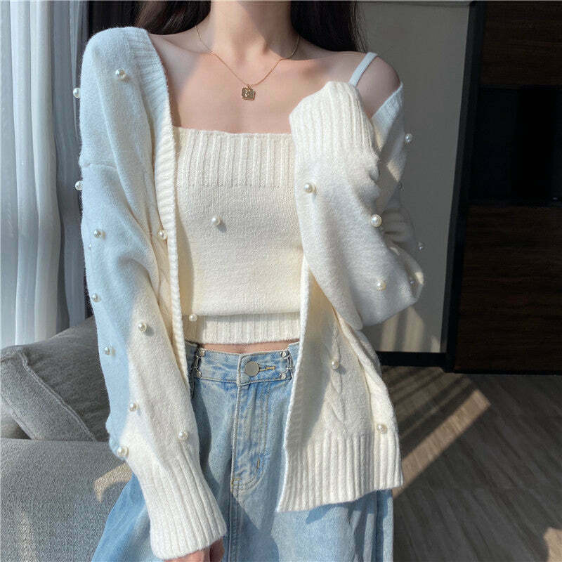 Y2K Style Knit Cami Top with Solid Color Sweater Coat