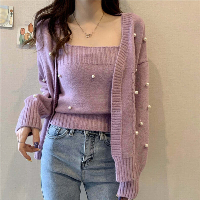 Y2K Style Knit Cami Top with Solid Color Sweater Coat