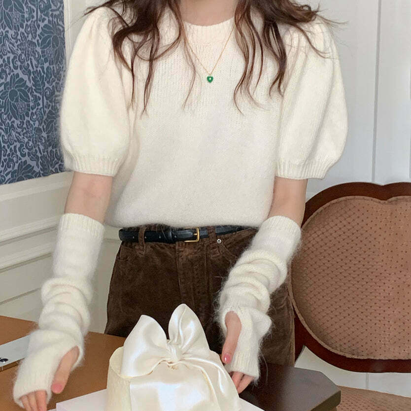 Y2K Style Puff Sleeve Knit Top with Detachable Sleeves