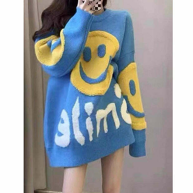 Y2K Style Smiley Face Crew Neck Sweater for Gen Z Fashionistas