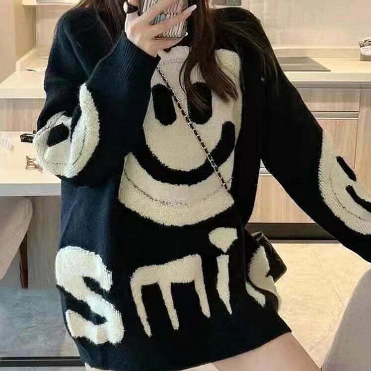 Y2K Style Smiley Face Crew Neck Sweater for Gen Z Fashionistas