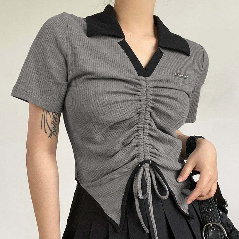 Y2K Style V-Neck Pleated T-Shirt with Unique Lapel