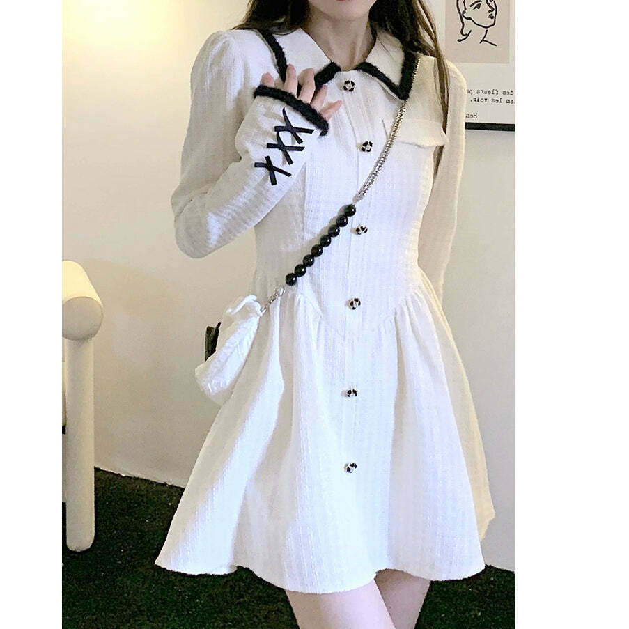 Y2K Style White Button-Up Dress with Long Sleeves - Gen Z Fashion