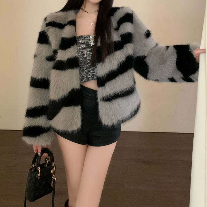 Zebra Print Faux Fur Coat - Sustainable Streetwear Fashion