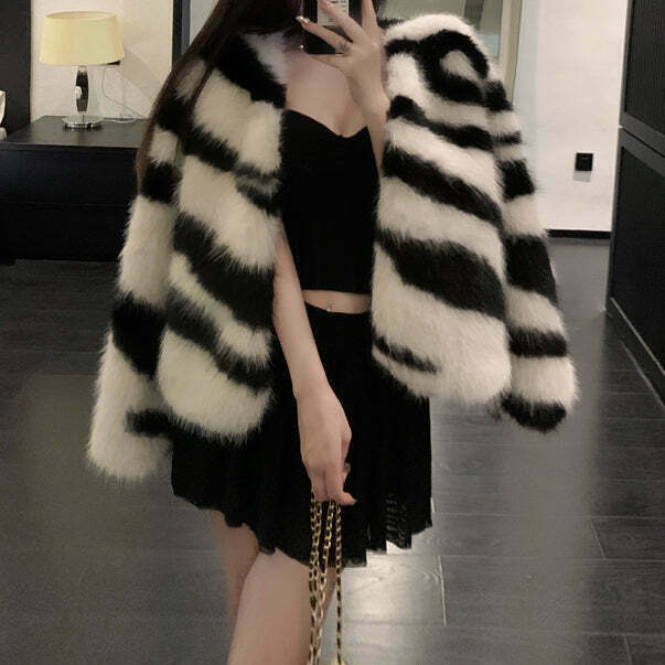 Zebra Print Faux Fur Coat - Sustainable Streetwear Fashion