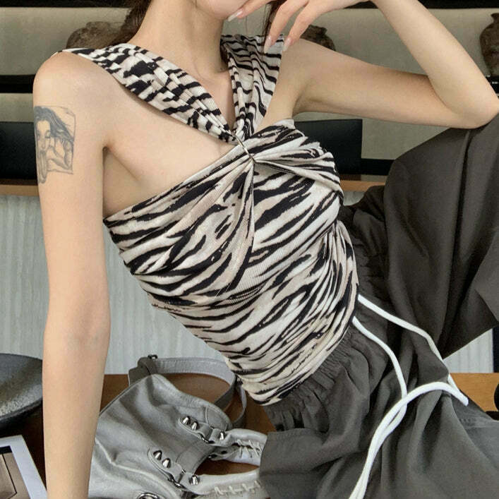 Zebra Print Halterneck Camisole - Trendy Gen Z Streetwear Top