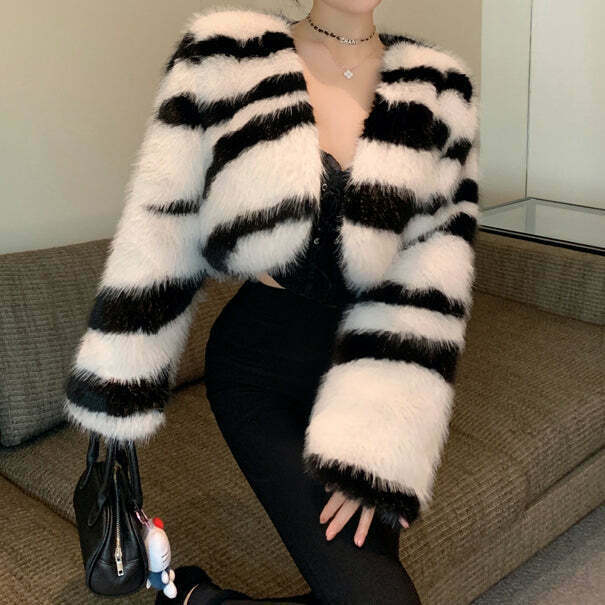 Zebra Print Long Sleeve Cropped Fur Coat for Gen Z Streetwear