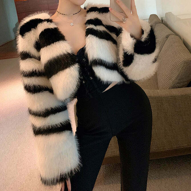 Zebra Print Long Sleeve Fur Coat for Gen Z Streetwear Fashion